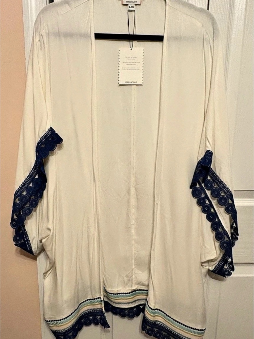 Stella&Dot Cream Blue Lace Trim Kimono XL/XXL NWT